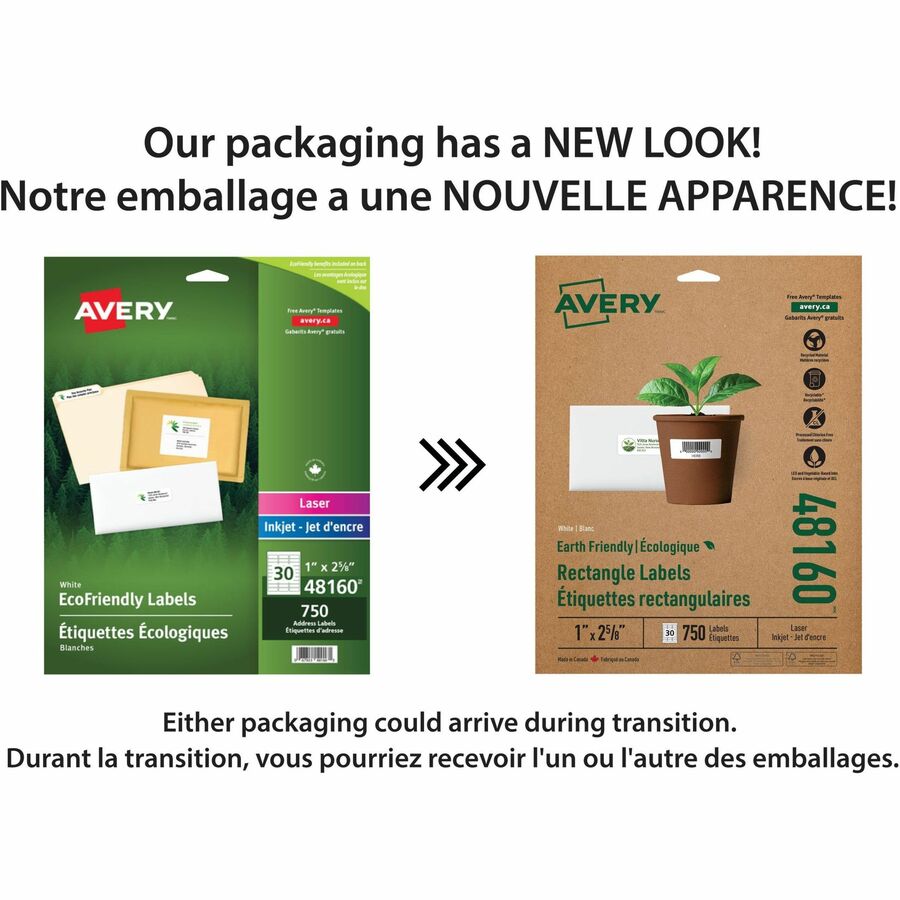 Avery&reg; Earth Friendly Rectangle Labels for Laser and Inkjet printers, 1 x 2 5/8" - 48160-NVXC