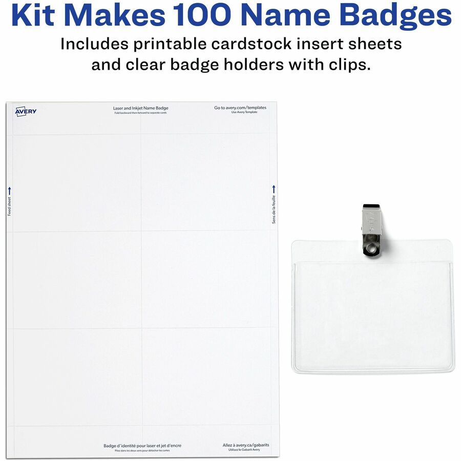Avery&reg; Garment Friendly Clip Style Name Badge Kitfor Laser and Inkjet Printers - 74461-NVXC