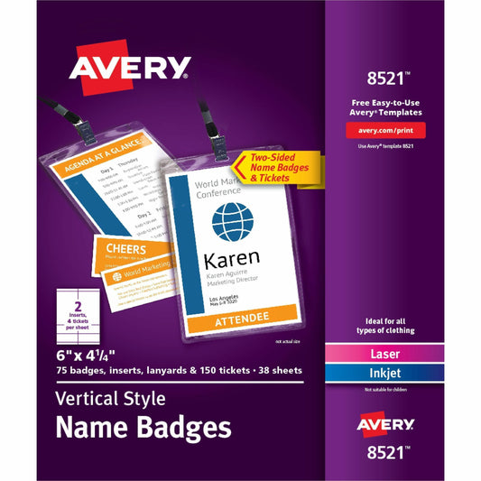 Avery&reg; Vertical Name Badges with Tickets Kit for Laser and Inkjet Printers, 4-1/4" x 6"