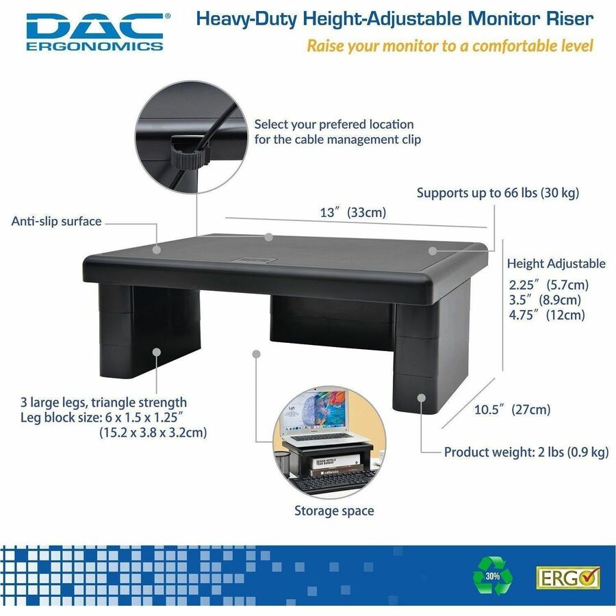 DAC&reg; Stax MP-107 Ergonomic Height-Adjustable Monitor Riser/Laptop Stand, Black - 02161-NVXC