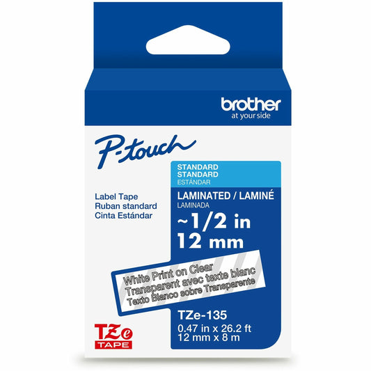 Brother Genuine P-touch TZe135 WHT on CLR Label Tape, Laminated, 12mmX8m