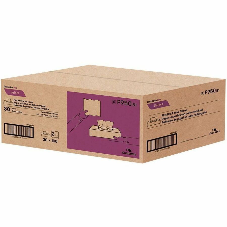 Cascades PRO Select Flat Box Facial Tissue, 2-Ply, White, 100 sheets, 30 boxes/pack - F950-NVXC
