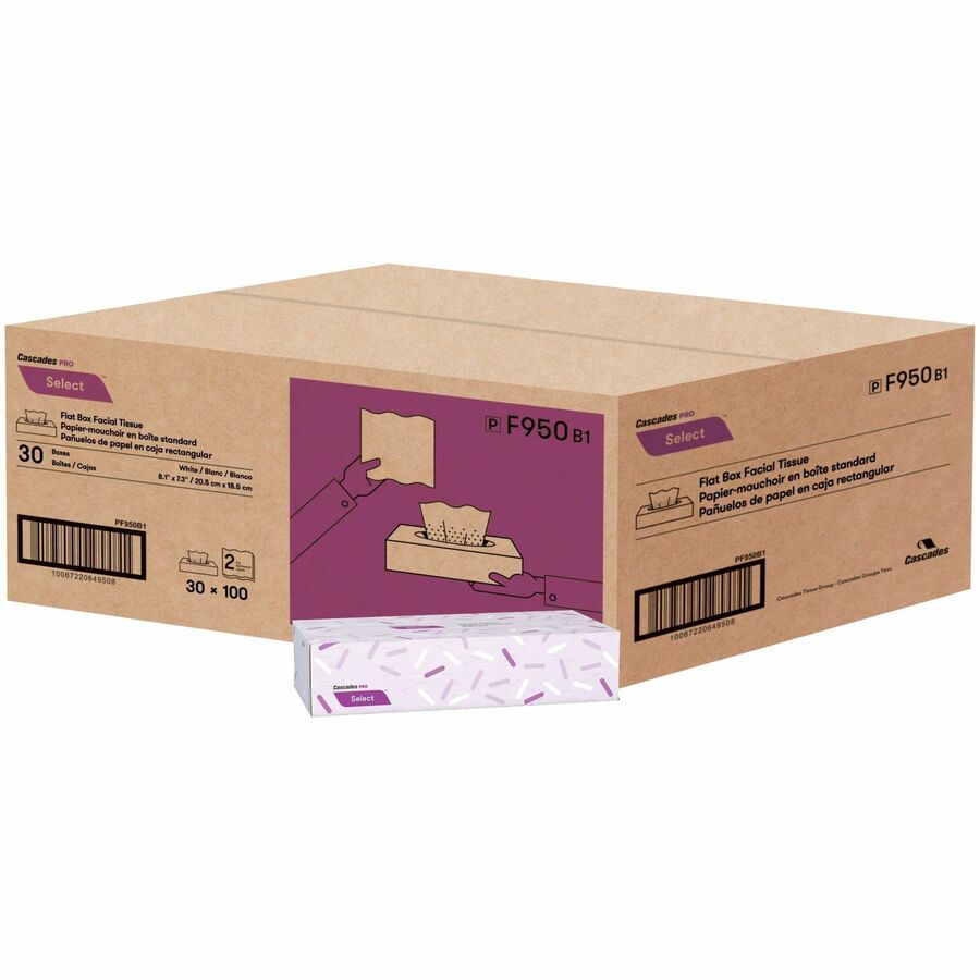 Cascades PRO Select Flat Box Facial Tissue, 2-Ply, White, 100 sheets, 30 boxes/pack - F950-NVXC