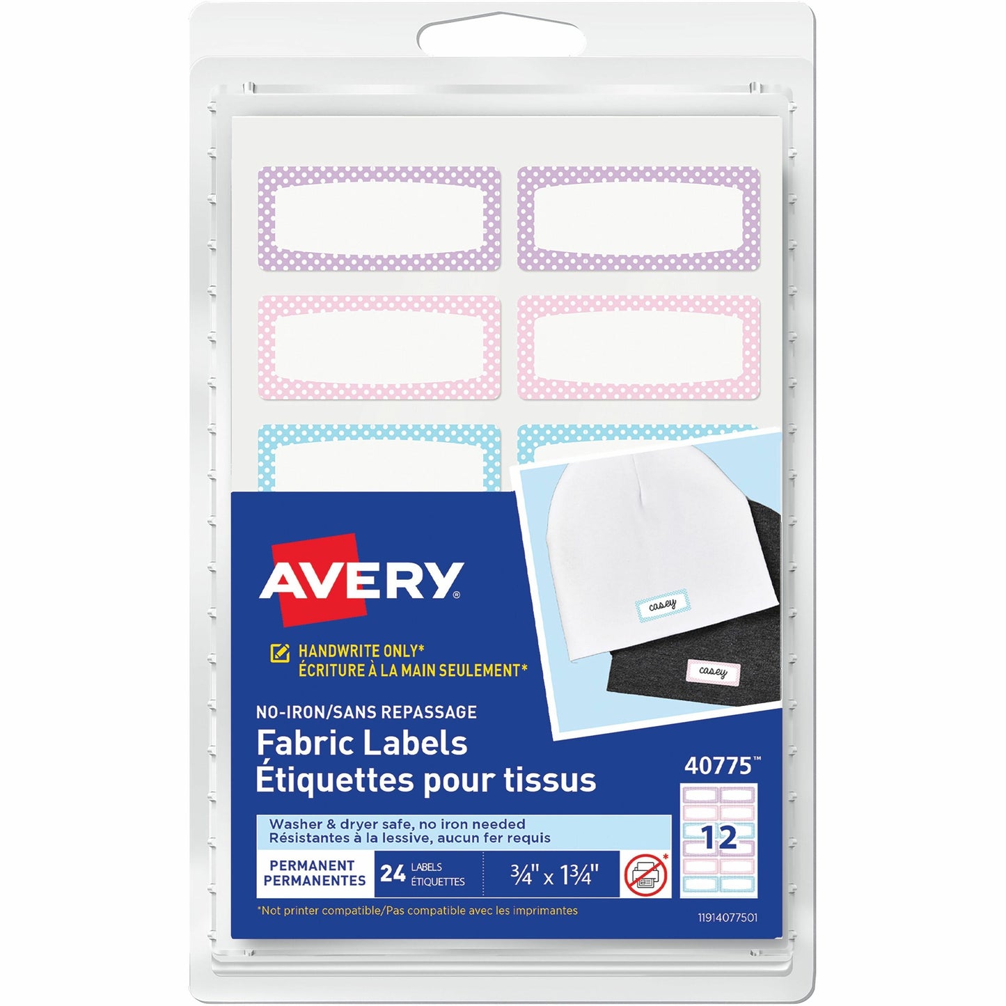 No-Iron Fabric Name Labels, Soft Pastels Preprinted Borders, Handwrite, 3/4" x 1-3/4"