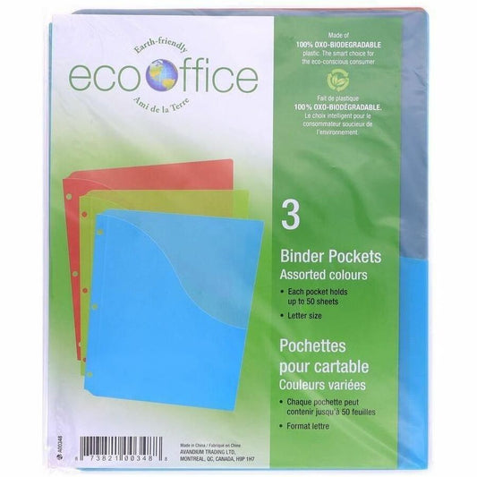 EcoOffice Poly Binder Pockets 3 Pack, Assorted