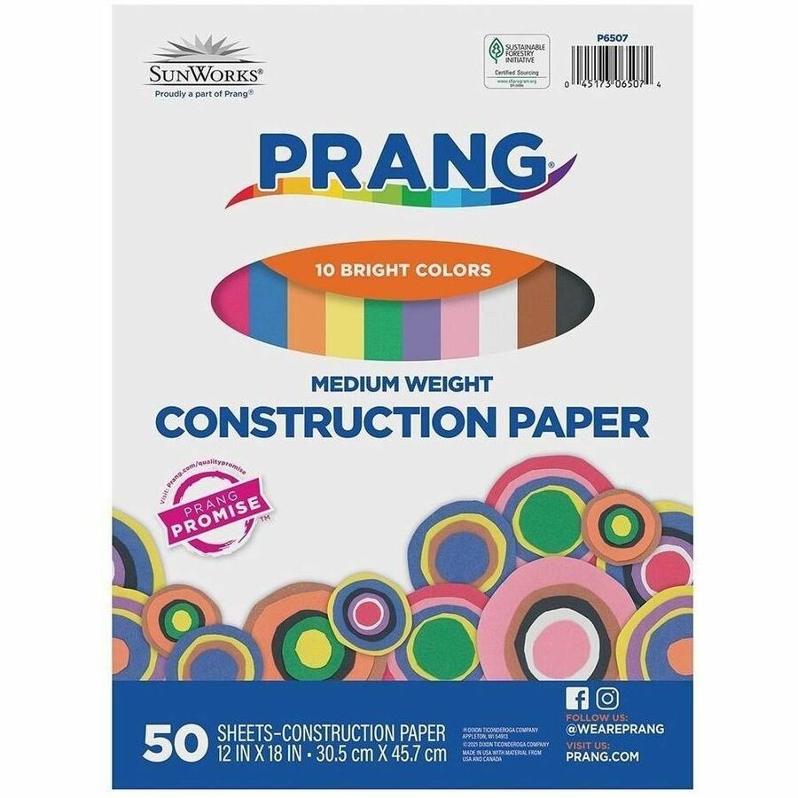 Prang Construction Paper, 10 Assorted Colors, 12" x 18" , 50 Sheets - P6507-0001