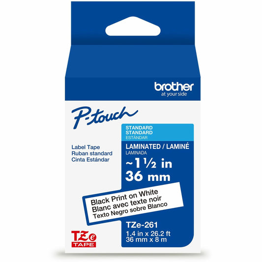 Brother Genuine P-touch TZe261 BK on WHT Label Tape, Laminated, 36mmX8m