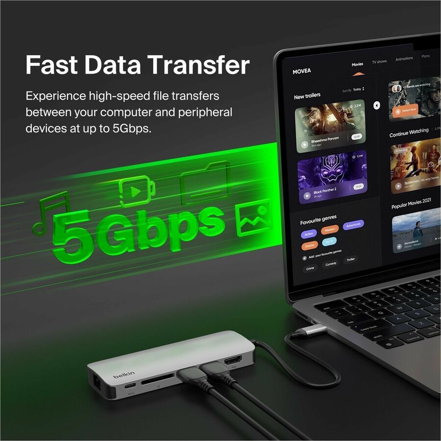 Belkin 6-Port USB-C Hub - USB-C to 2xUSB-A, 1xUSB-C, 1xEthernet, 1x8K HDMI, 1xSD Reader - Docking Station - Grey - AVC008FQSGY-V2