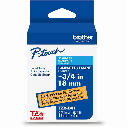 Brother Genuine P-touch TZeB41 BK on FLUOR ORG Label Tape, Laminated, 18mmX5m