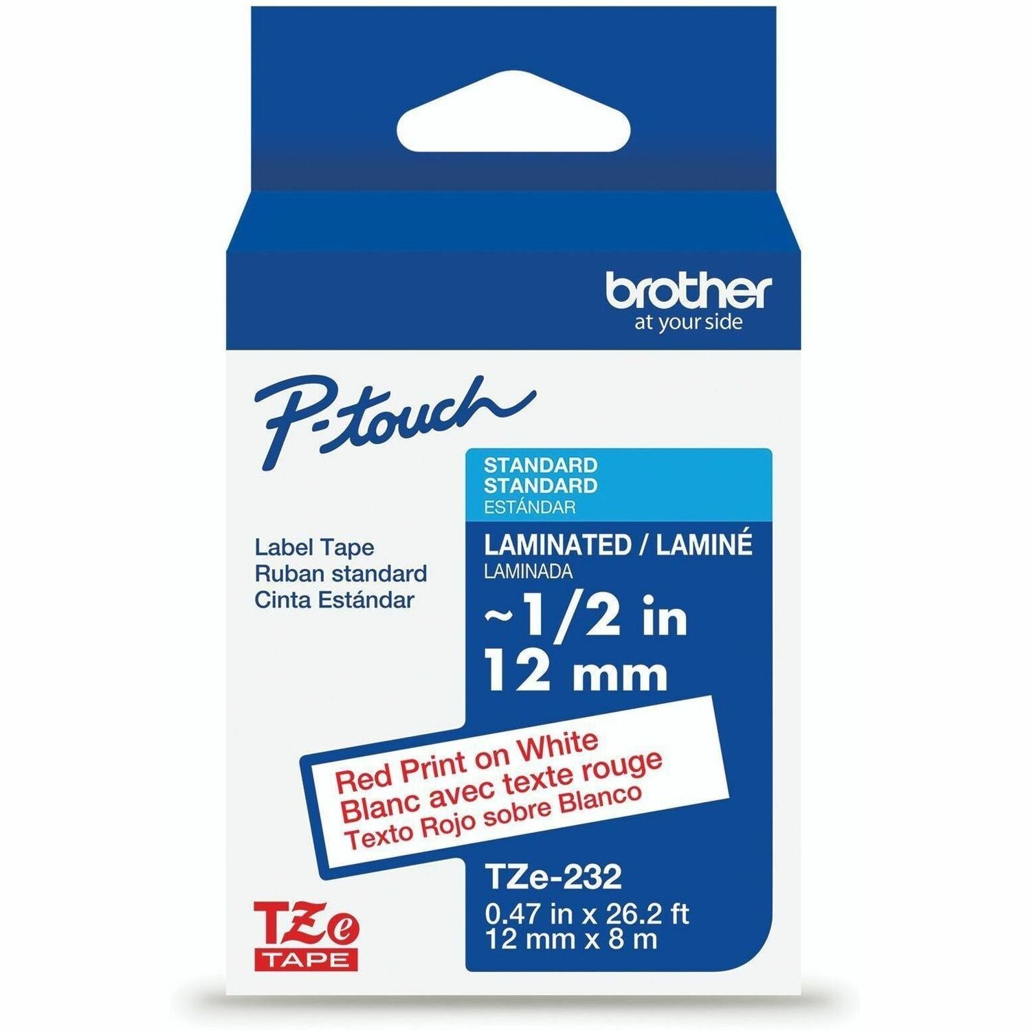 Brother Genuine P-touch TZe232 RD on WHT Label Tape, Laminated, 12mmX8m