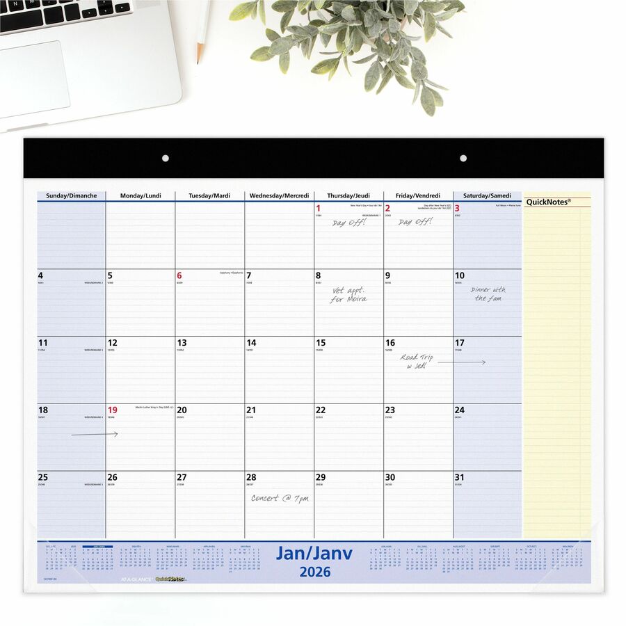 At-A-Glance QuickNotes Monthly Desk Pad Calendar, 21-3/4" x 17" , Bilingual - SK700F0026