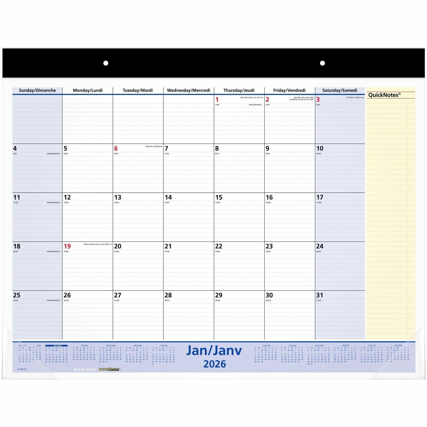 At-A-Glance QuickNotes Monthly Desk Pad Calendar, 21-3/4" x 17" , Bilingual