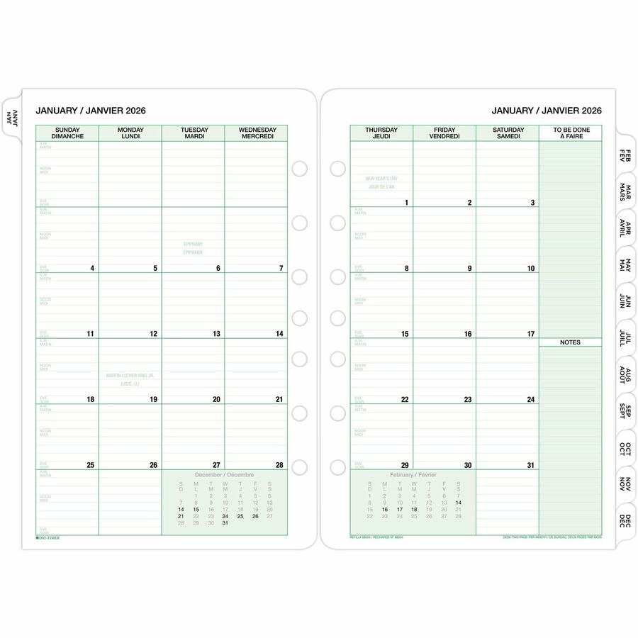 DayTimer 2 Pages Per Month Planner Refill, Desk Size, 8-1/2" x 5-1/2" , Bilingual - 685042601