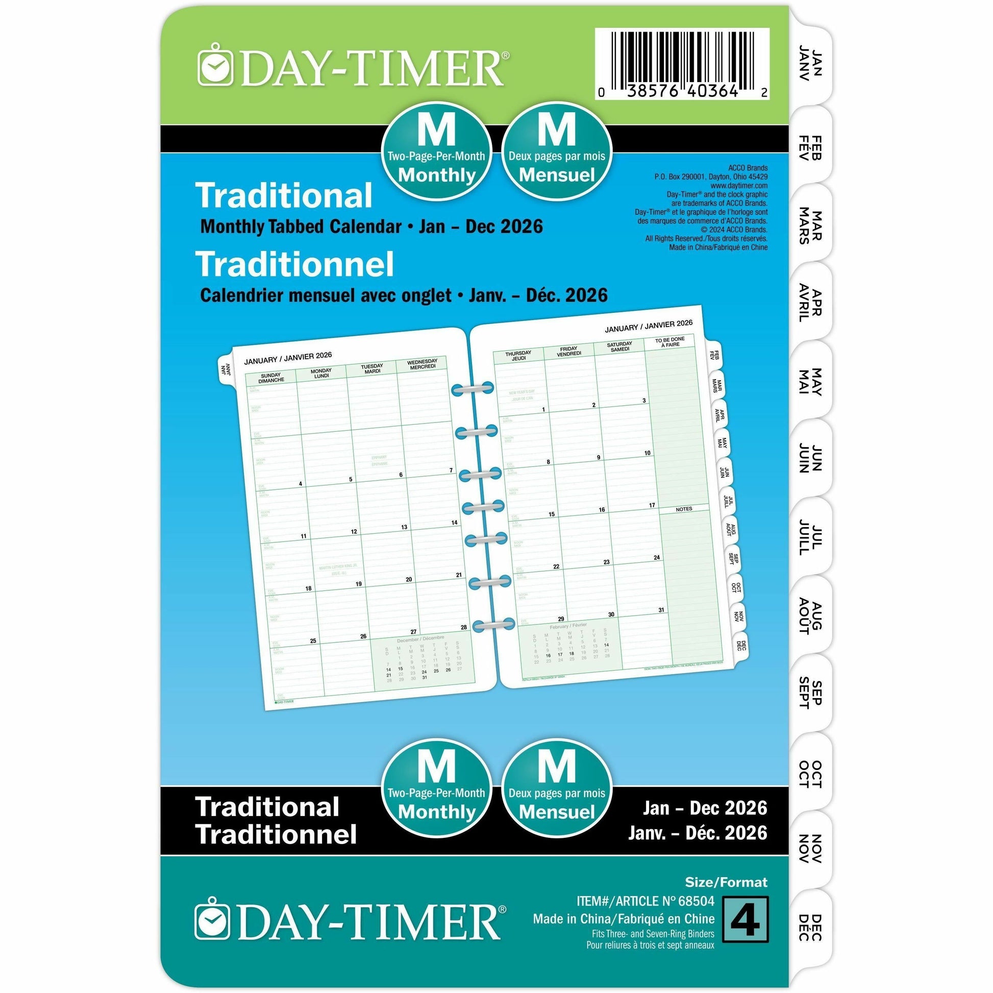 DayTimer 2 Pages Per Month Planner Refill, Desk Size, 8-1/2" x 5-1/2" , Bilingual