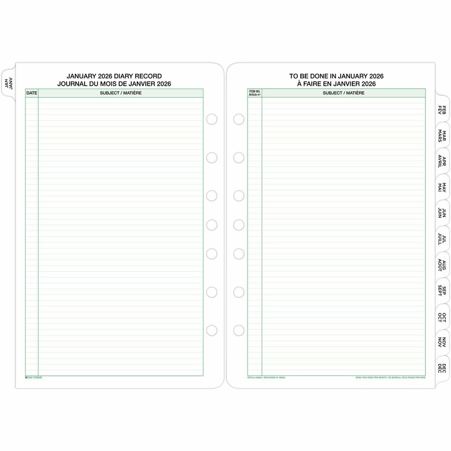 DayTimer 2 Pages Per Month Planner Refill, Desk Size, 8-1/2" x 5-1/2" , Bilingual - 685042601