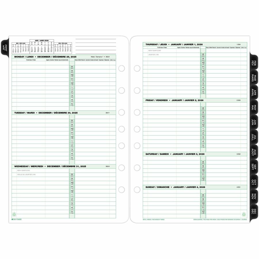 DayTimer 2 Pages Per Week Planner Refill, Desk Size, 8-1/2" x 5-1/2" , Bilingual - 685032601