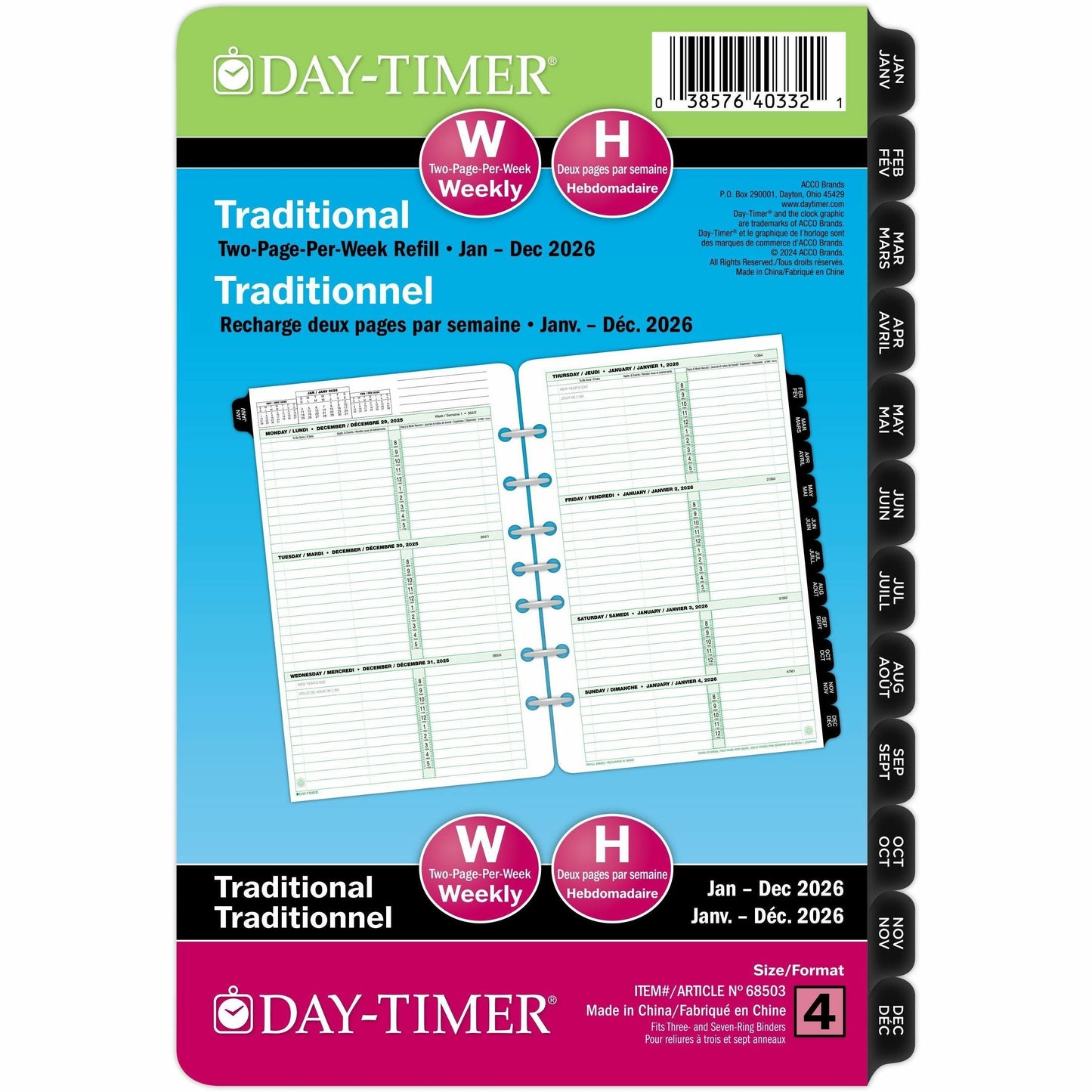 DayTimer 2 Pages Per Week Planner Refill, Desk Size, 8-1/2" x 5-1/2" , Bilingual
