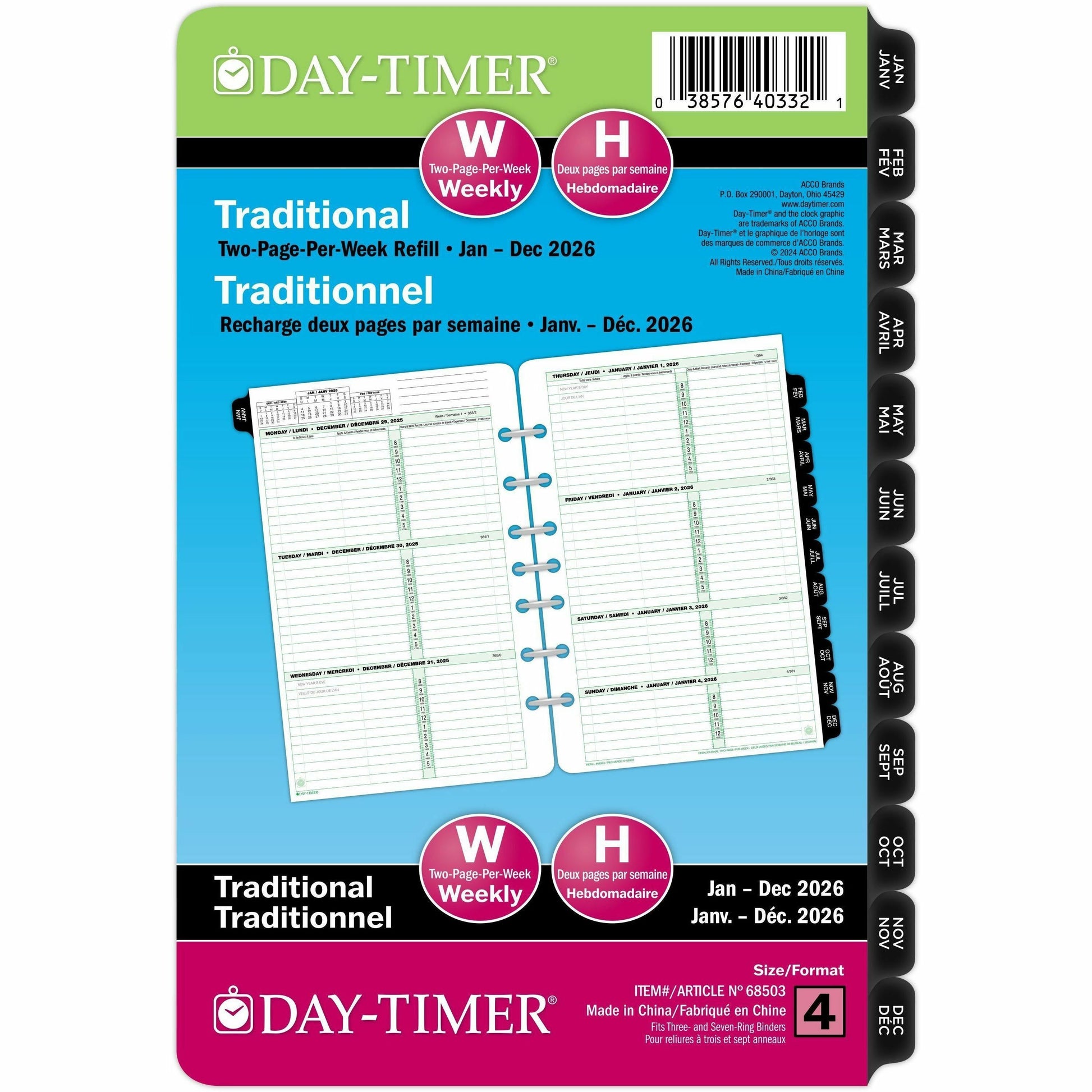 DayTimer 2 Pages Per Week Planner Refill, Desk Size, 8-1/2" x 5-1/2" , Bilingual