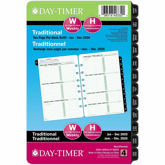 DayTimer 2 Pages Per Week Planner Refill, Desk Size, 8-1/2" x 5-1/2" , Bilingual
