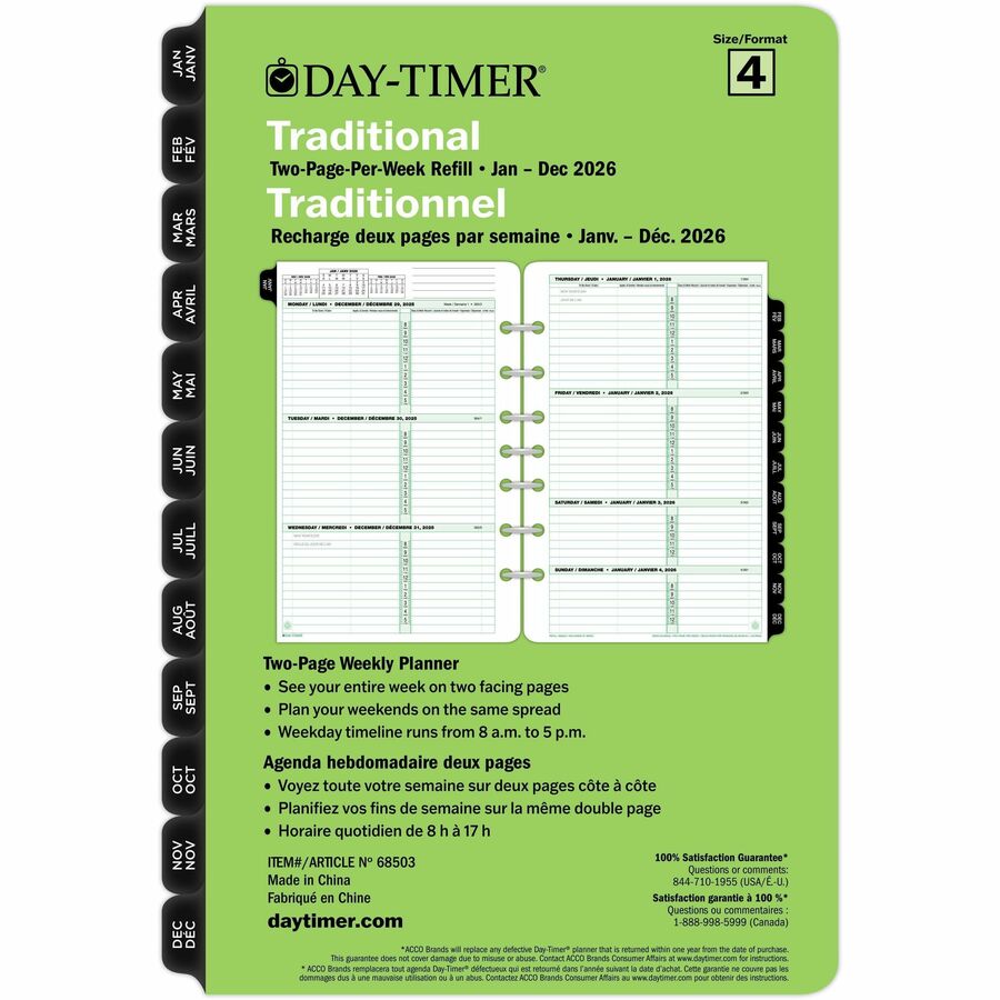 DayTimer 2 Pages Per Week Planner Refill, Desk Size, 8-1/2" x 5-1/2" , Bilingual - 685032601