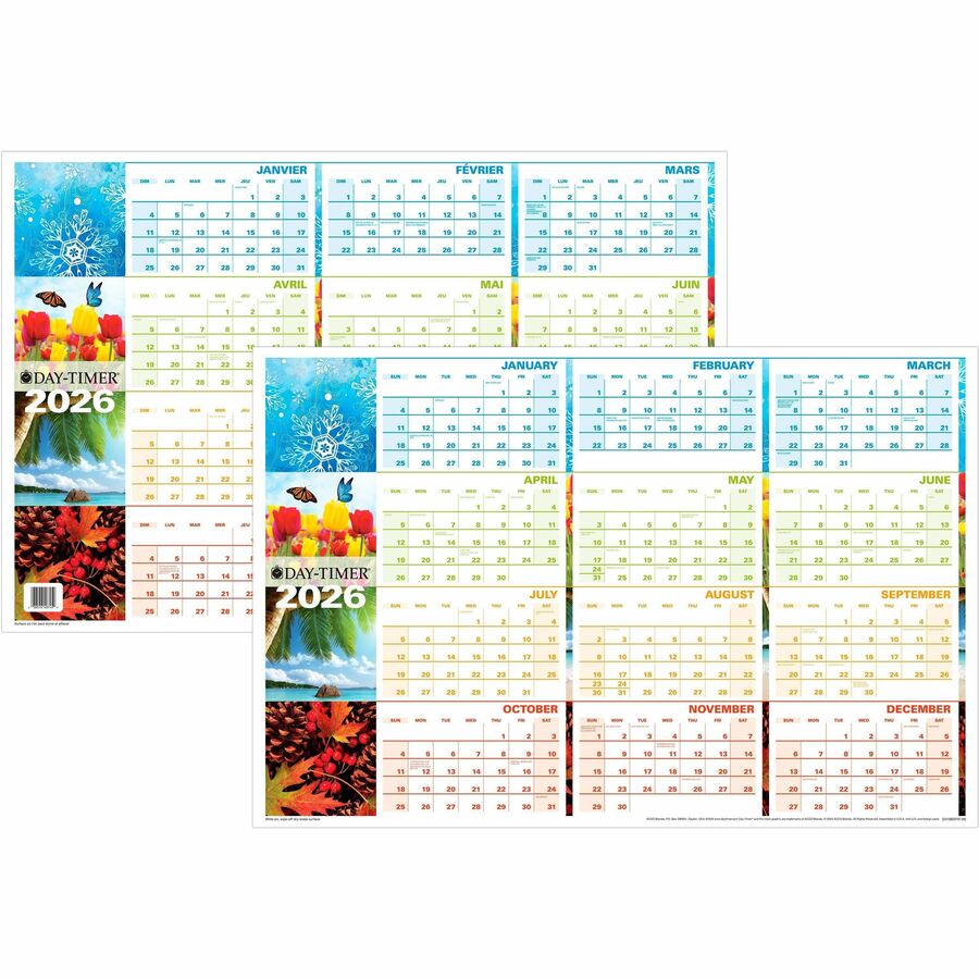 DayTimer Seasons Yearly Laminated Reversable Wall Calendar, 24" x 36" , English/French - 3413803747-26