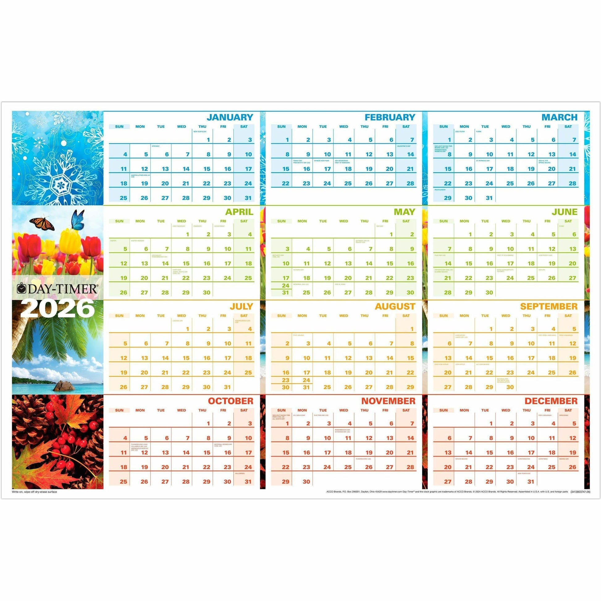DayTimer Seasons Yearly Laminated Reversable Wall Calendar, 24" x 36" , English/French