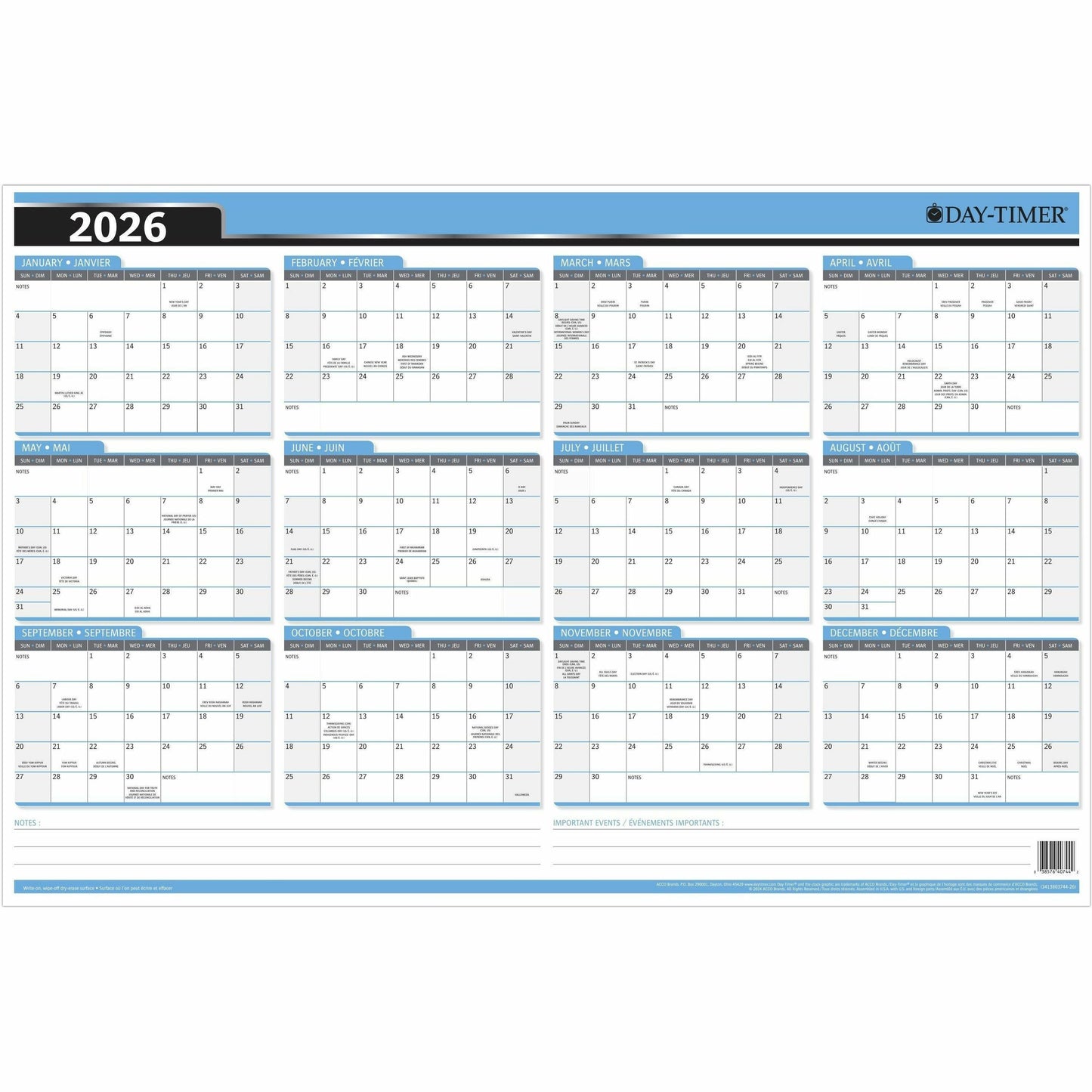 DayTimer Yearly Laminated Reversable Wall Calendar, 24" x 36" , Bilingual