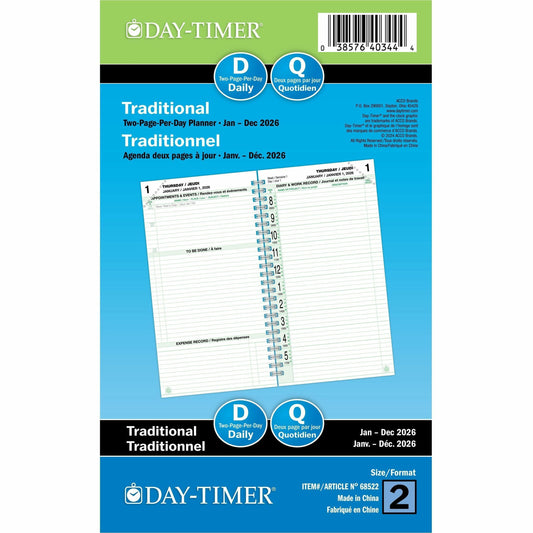 DayTimer 2 Pages Per Day Planner Refill, Pocket Size, 6-1/2" x 3-1/2" , Bilingual
