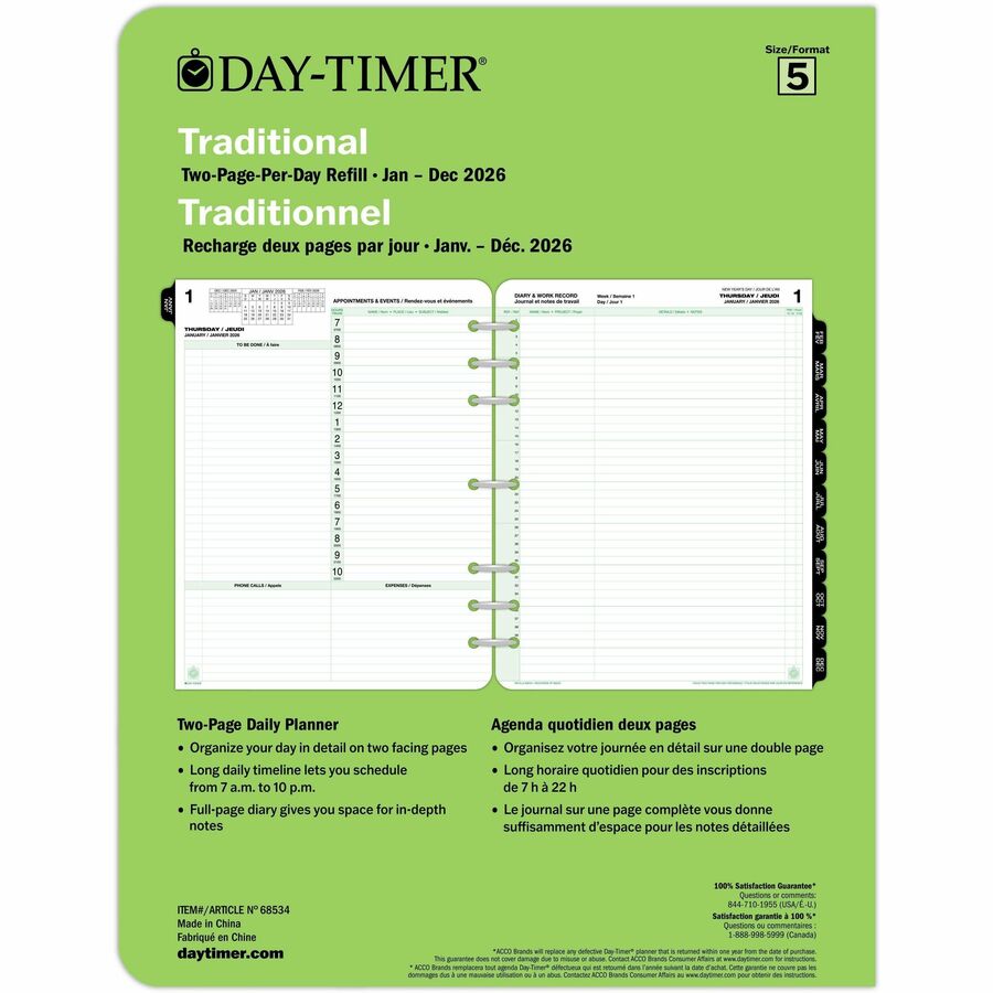 DayTimer 2 Pages Per Day Planner Refill, Folio Size, 11" x 8-1/2" , Bilingual - 685342601