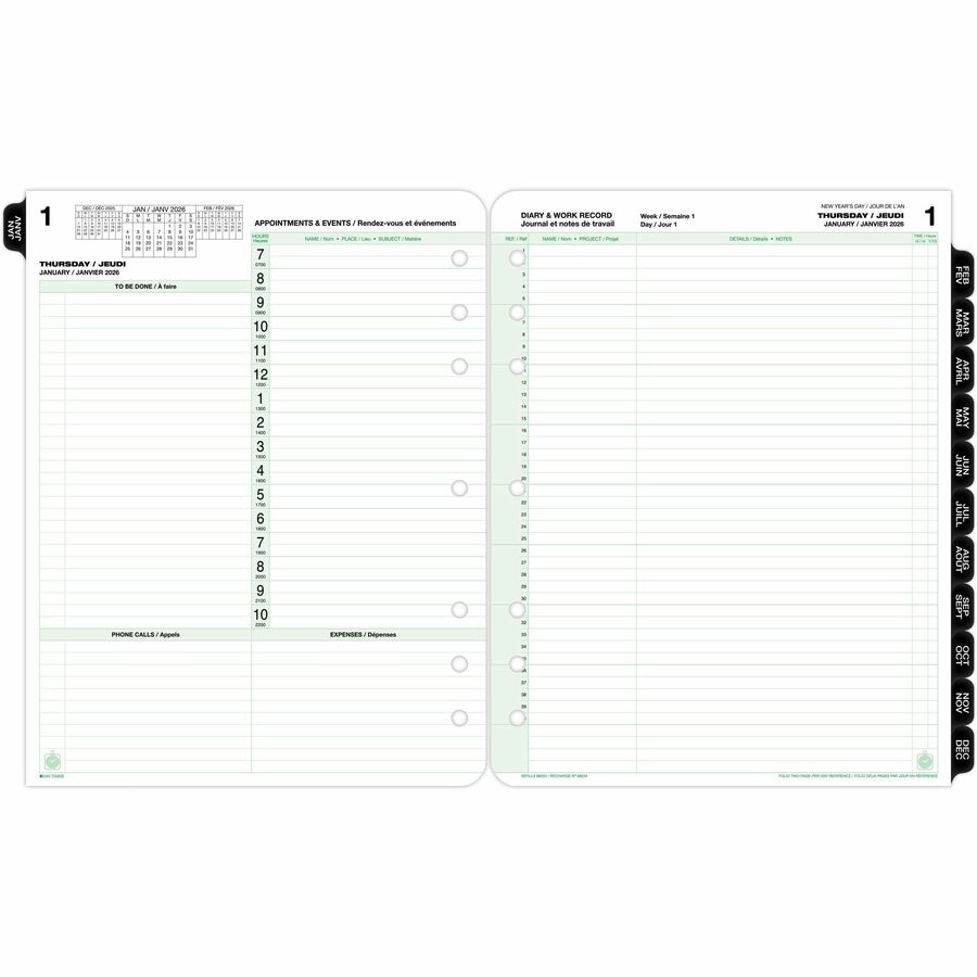DayTimer 2 Pages Per Day Planner Refill, Folio Size, 11" x 8-1/2" , Bilingual - 685342601