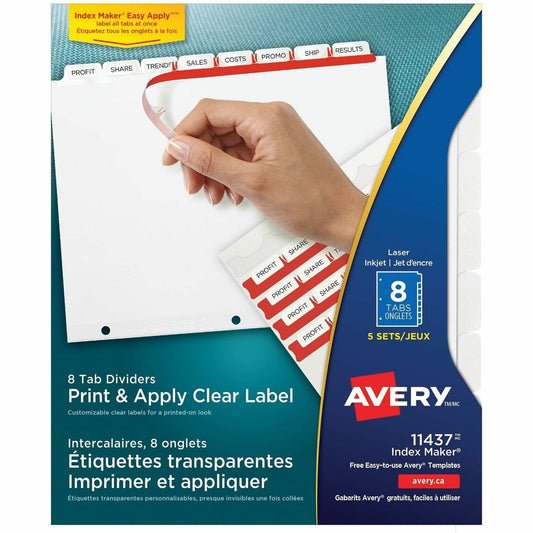 Avery&reg; Print & Apply Clear Label Dividers with Index Maker&reg;and Easy Apply™ Labels for Laser and Inkjet Printers, 8 tabs, 5 sets