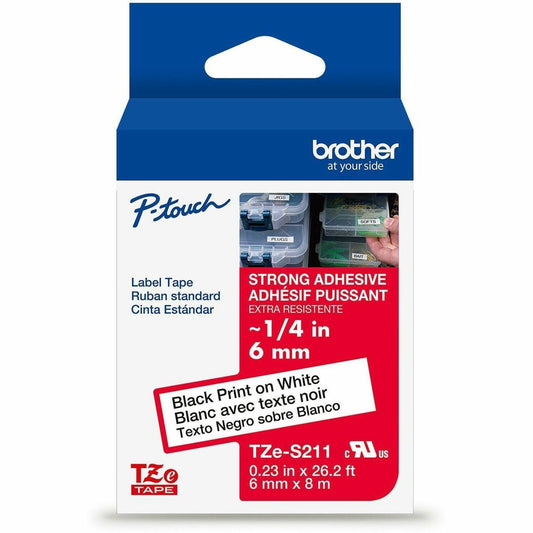 Brother Genuine P-touch TZeS211 BK on WHT Label Tape, Strong Adhesive Lam., 6mmX8m
