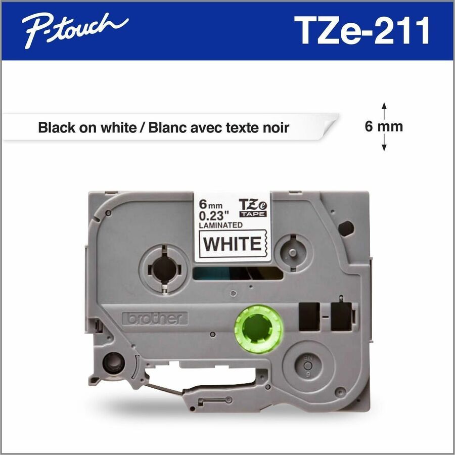 Brother Genuine P-touch TZe211 BK on WHT Label Tape, Laminated, 6mmX8m - TZE211G