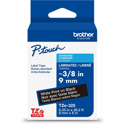 Brother Genuine P-touch TZe325 WHT on BK Label Tape, Laminated, 9mmX8m