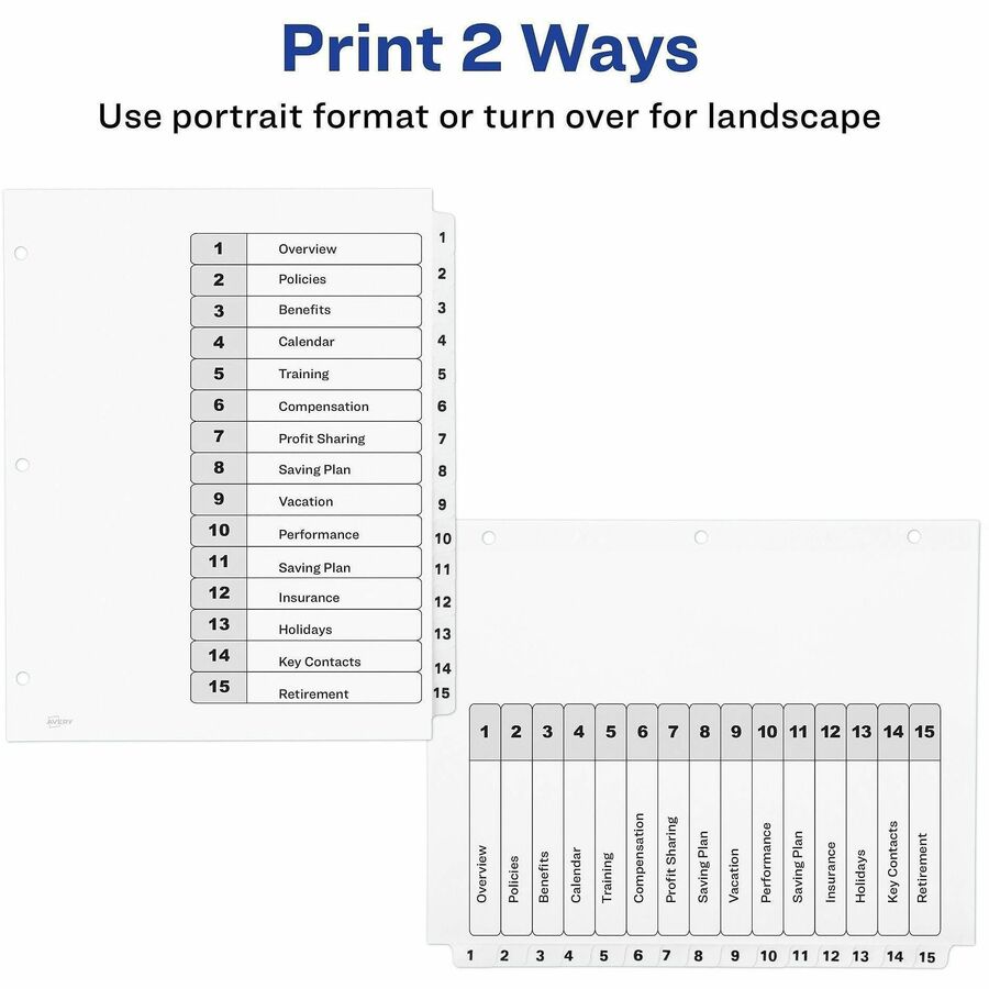 Avery&reg; Ready Index&reg; Table of Content Dividers for Laser and Inkjet Printers, 15 tabs - 11142