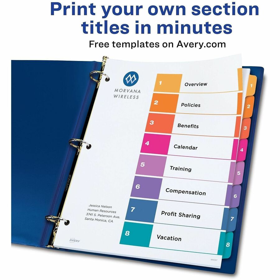 Avery&reg; Ready Index&reg; Table of Content Dividersfor Laser and Inkjet Printers, 8 tabs, 1 set - 11133