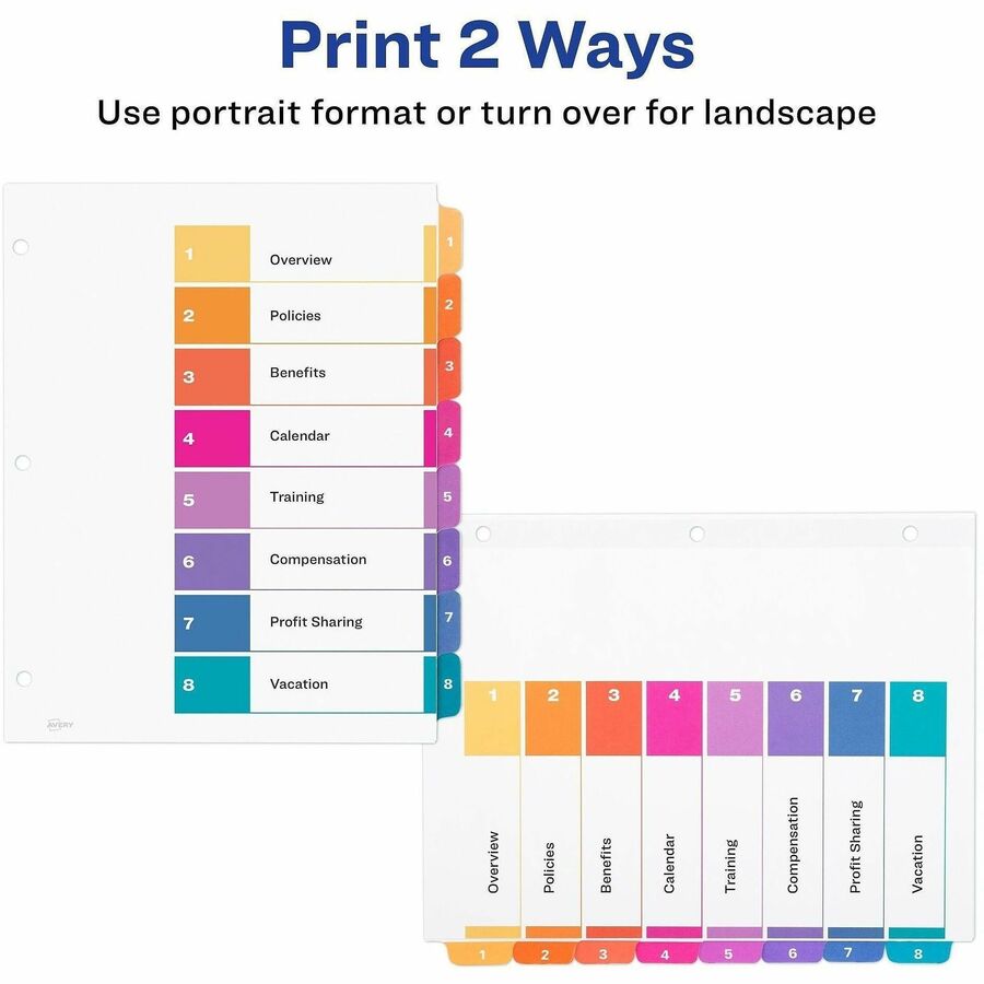 Avery&reg; Ready Index&reg; Table of Content Dividersfor Laser and Inkjet Printers, 8 tabs, 1 set - 11133