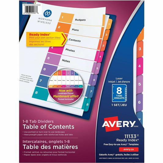 Avery&reg; Ready Index&reg; Table of Content Dividersfor Laser and Inkjet Printers, 8 tabs, 1 set