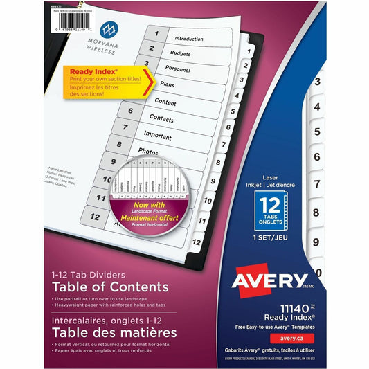Avery&reg; Ready Index&reg; Table of Content Dividersfor Laser and Inkjet Printers, 12 tabs