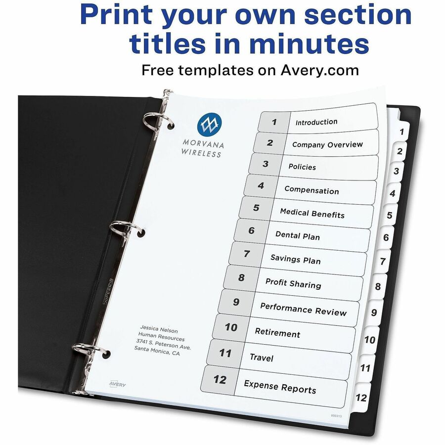 Avery&reg; Ready Index&reg; Table of Content Dividersfor Laser and Inkjet Printers, 12 tabs - 11140