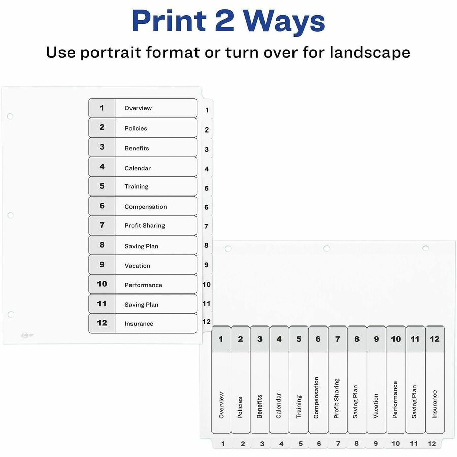 Avery&reg; Ready Index&reg; Table of Content Dividersfor Laser and Inkjet Printers, 12 tabs - 11140