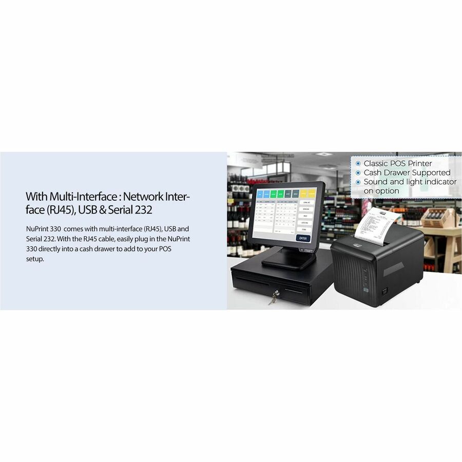 Adesso NuPrint 330 Desktop, Business, POS System Direct Thermal Printer - Monochrome - Receipt Print - Ethernet - USB - Serial - Black - 7151523