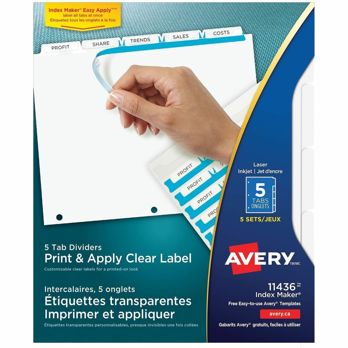 Avery&reg; Print & Apply Clear Label Dividers with Index Maker&reg; Easy Apply™ Labels for Laser and Inkjet Printers, 5 tabs, 5 sets