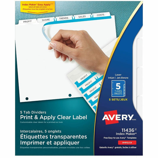Avery&reg; Print & Apply Clear Label Dividers with Index Maker&reg; Easy Apply™ Labels for Laser and Inkjet Printers, 5 tabs, 5 sets