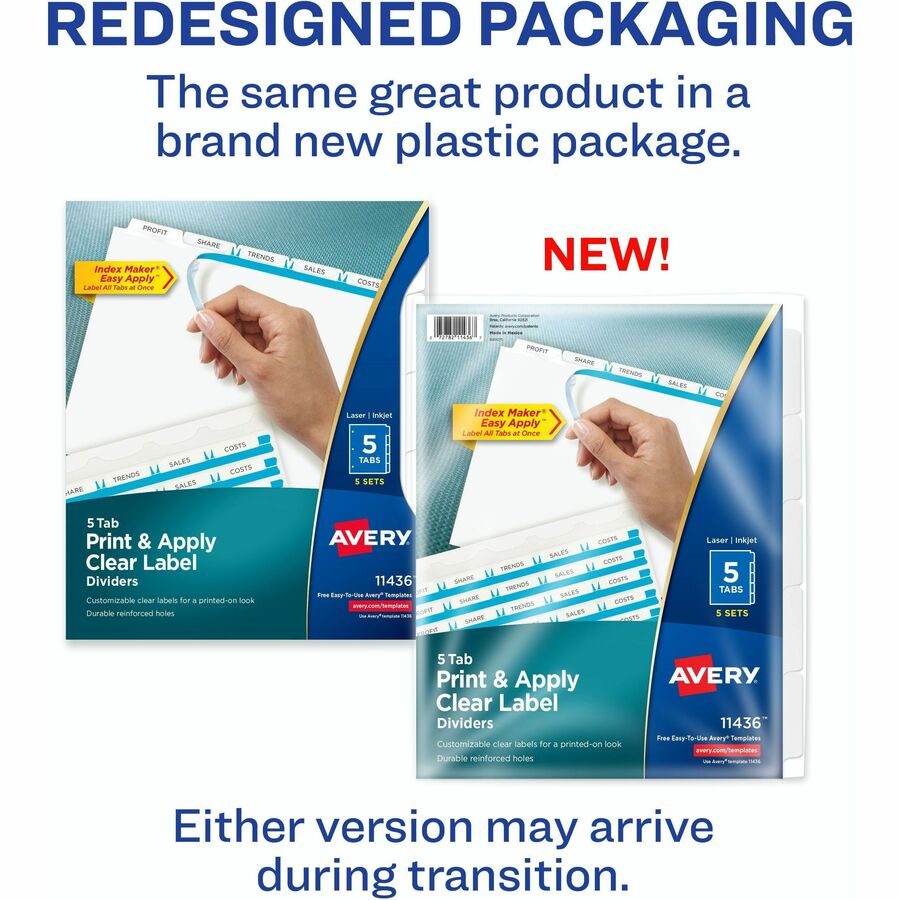 Avery&reg; Print & Apply Clear Label Dividers with Index Maker&reg; Easy Apply™ Labels for Laser and Inkjet Printers, 5 tabs, 5 sets - LSK5
