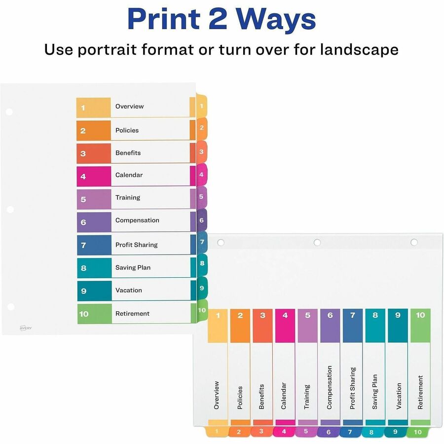 Avery&reg; Ready Index&reg; Table of Content Dividers for Laser and Inkjet Printers, 10 tabs, 1 set - 11135