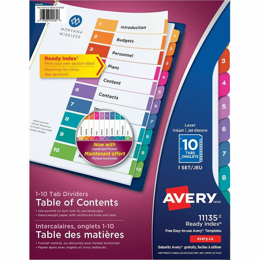 Avery&reg; Ready Index&reg; Table of Content Dividers for Laser and Inkjet Printers, 10 tabs, 1 set