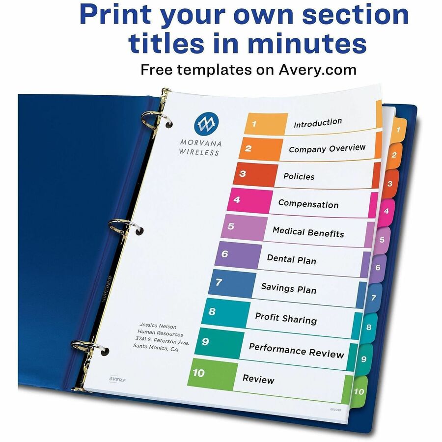 Avery&reg; Ready Index&reg; Table of Content Dividers for Laser and Inkjet Printers, 10 tabs, 1 set - 11135