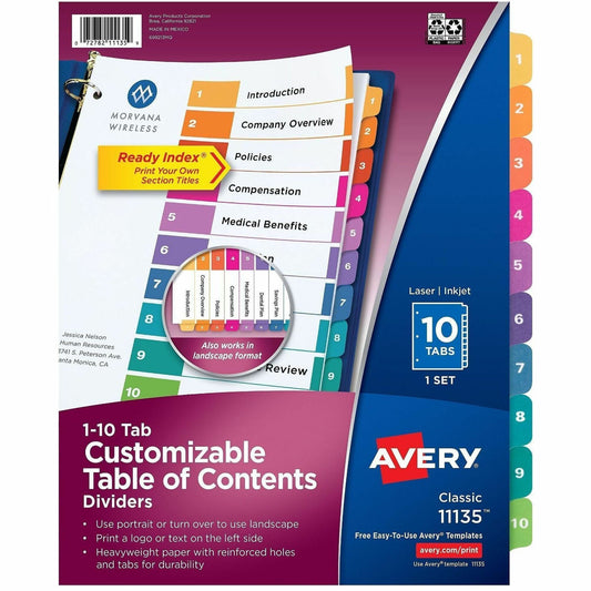 Avery&reg; Ready Index&reg; Table of Content Dividers for Laser and Inkjet Printers, 10 tabs, 1 set