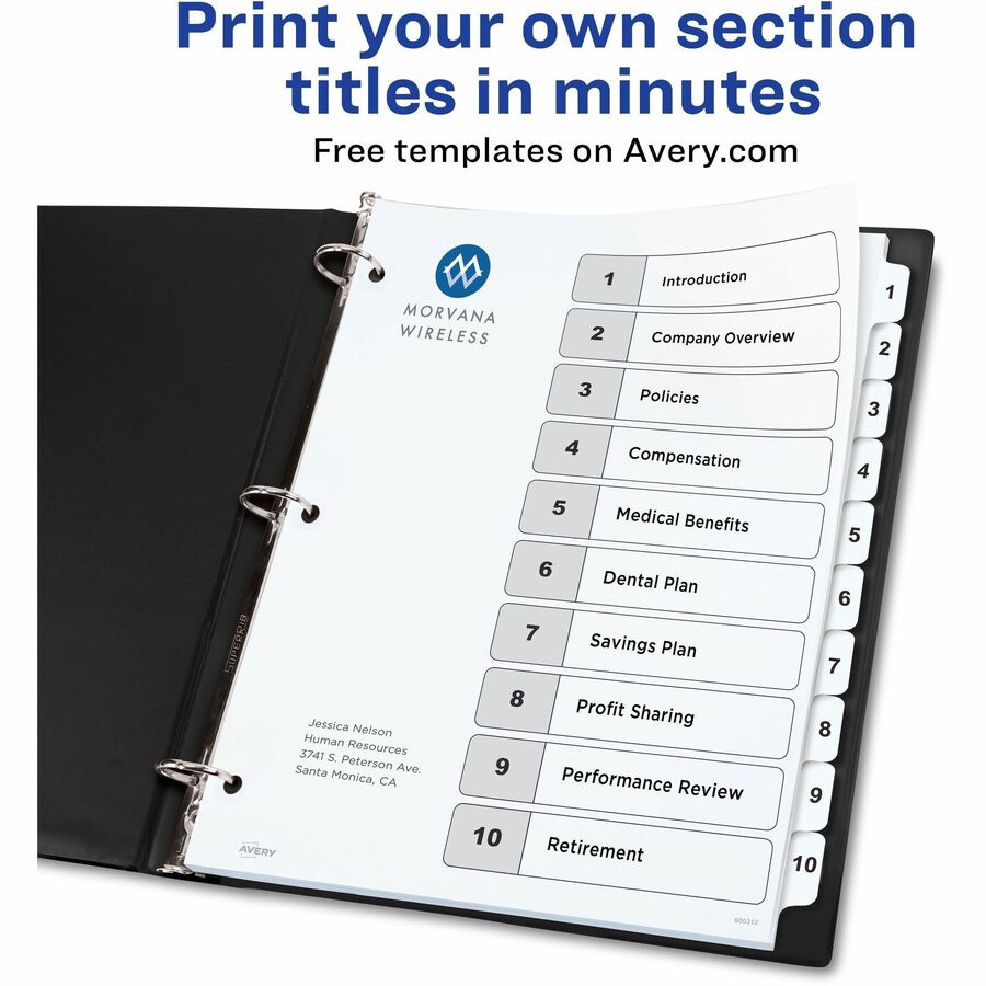 Avery&reg; Ready Index&reg; Table of Content Dividersfor Laser and Inkjet Printers, 10 tabs - 11134